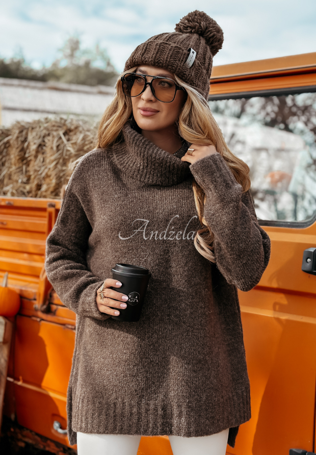 Sveter oversize s rol&aacute;kom Benin čokol&aacute;dov&yacute;