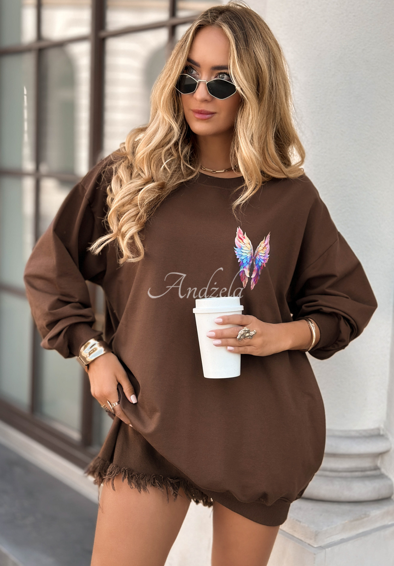 Mikina s potlačou Colorful Wings čokoládová