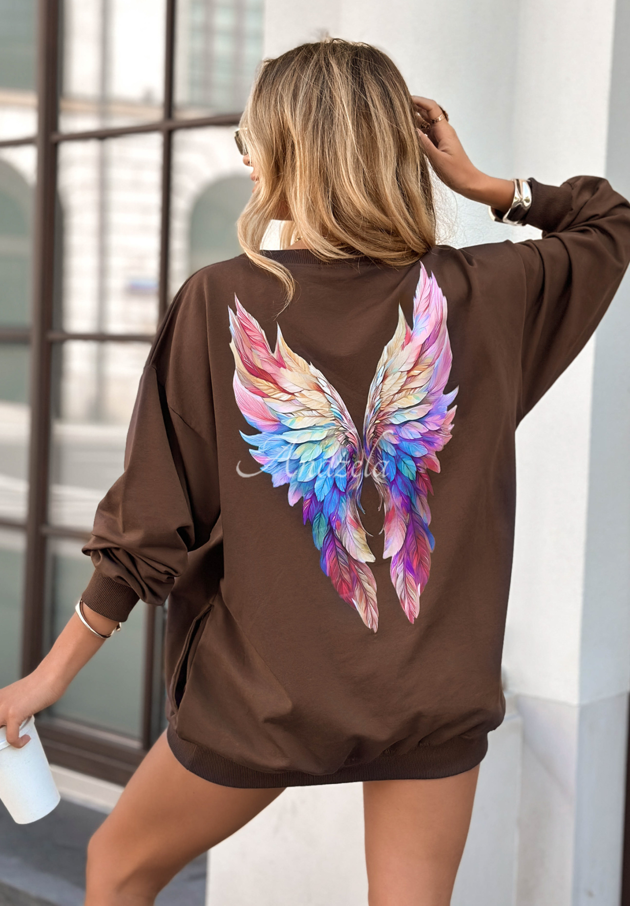 Mikina s potlačou Colorful Wings čokoládová