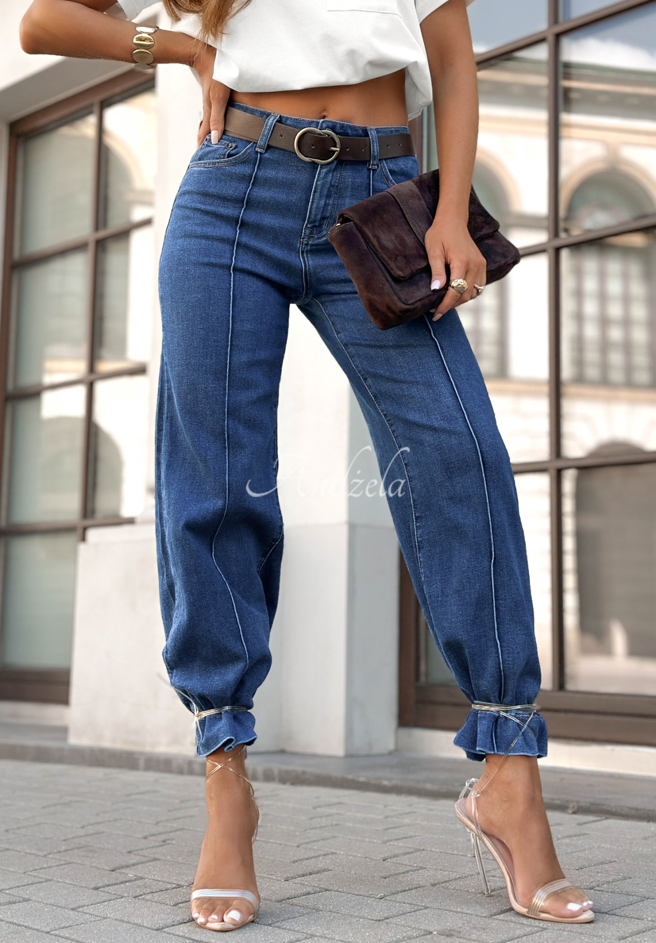 Džínsy s opaskom wide leg Power To Inspire tmavomodré