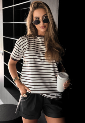 Tričko s pruhmi Long Story bielo-čokoládový