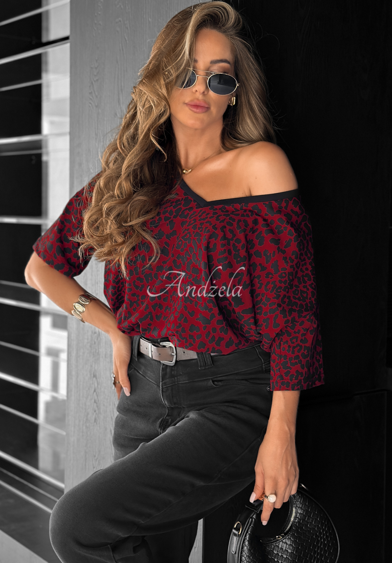 Tričko oversize s leopardím vzorom Cascade bordová