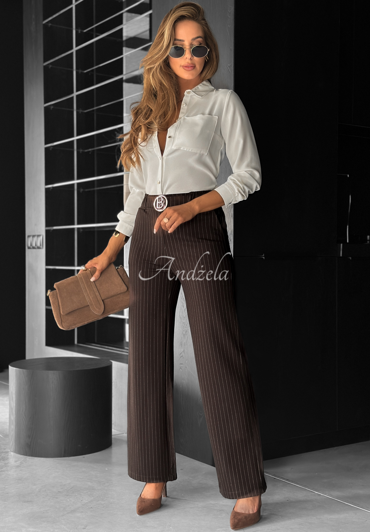 Elegantné nohavice wide leg s pruhmi One More Time čokoládové