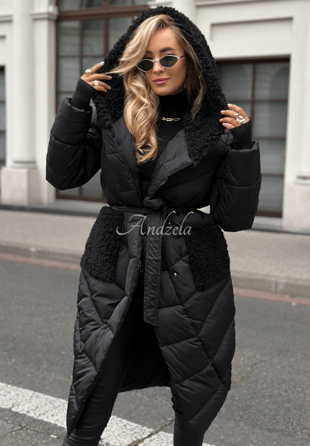 Dlh&aacute; pre&scaron;&iacute;van&aacute; bunda s kožu&scaron;inou Long Cold Winter čierna