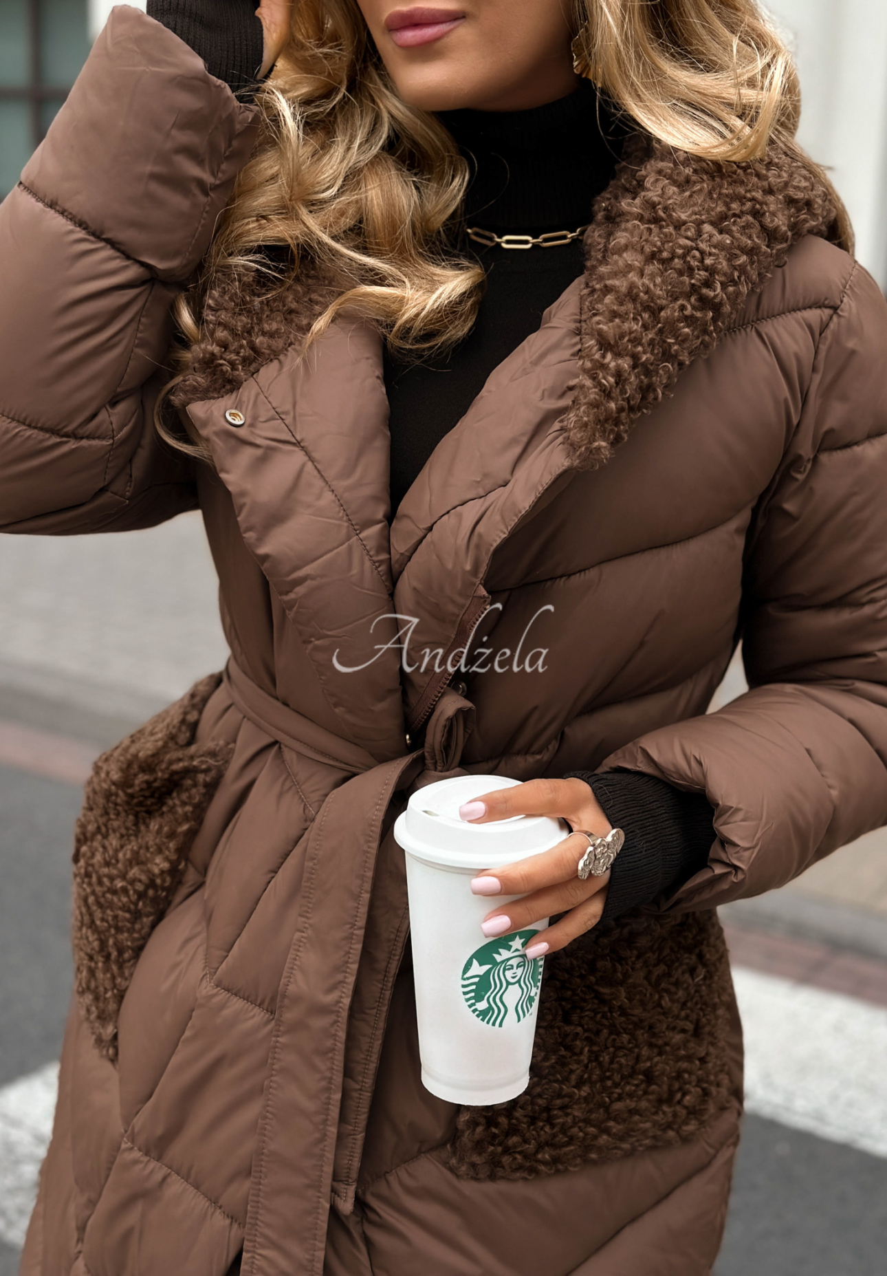 Dlhá prešívaná bunda s kožušinou Long Cold Winter čokoládová
