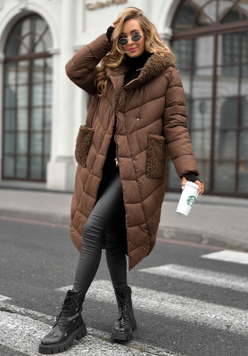 Dlhá prešívaná bunda s kožušinou Long Cold Winter čokoládová