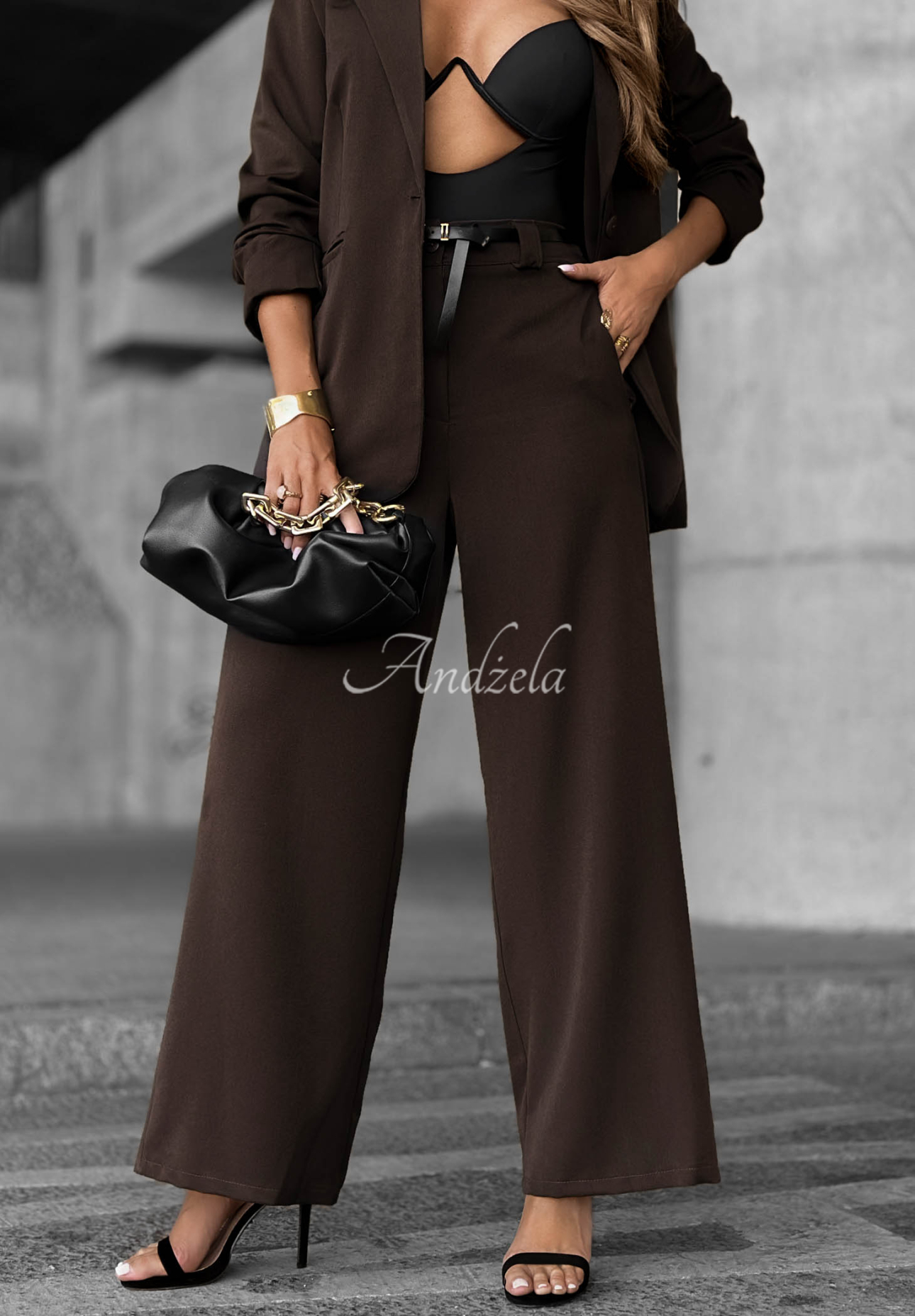Elegantné nohavice wide leg Until You Ask čokoládové