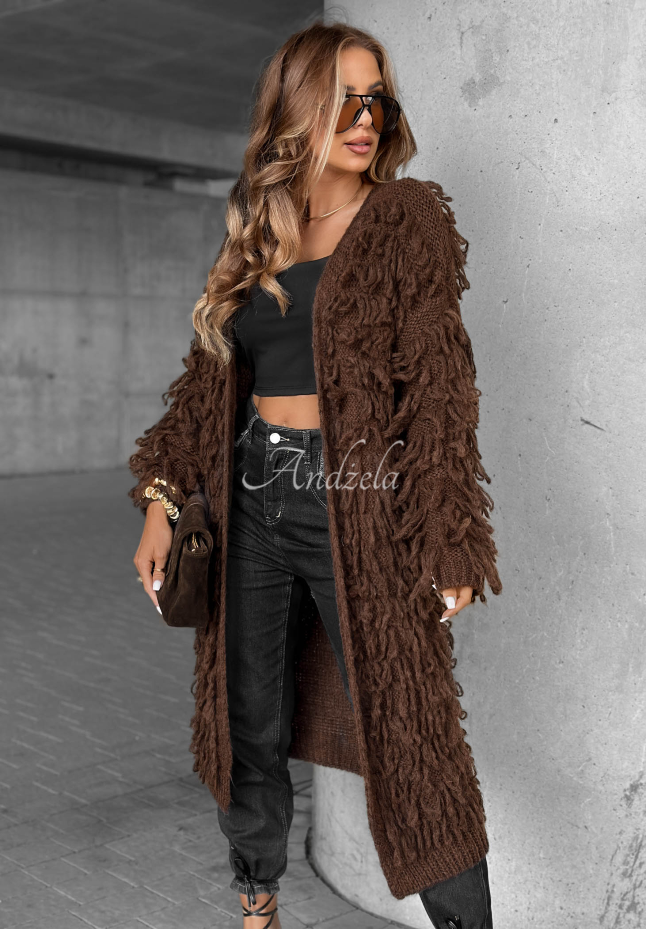 Dlhý kardigán so strapcami Fringe čokoládový