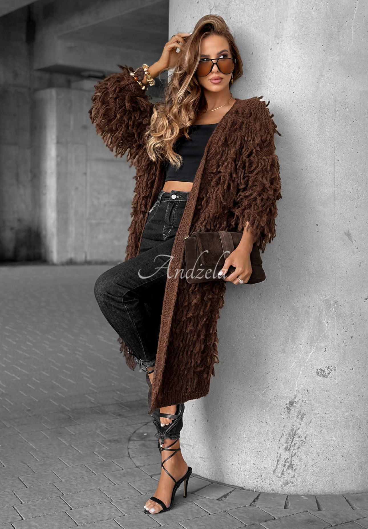 Dlhý kardigán so strapcami Fringe čokoládový
