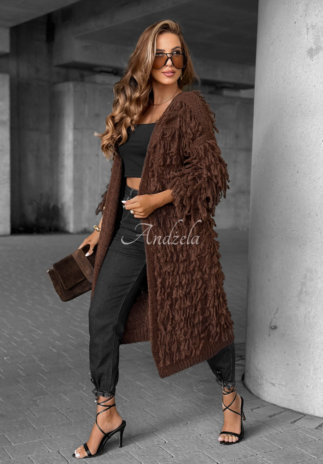 Dlhý kardigán so strapcami Fringe čokoládový