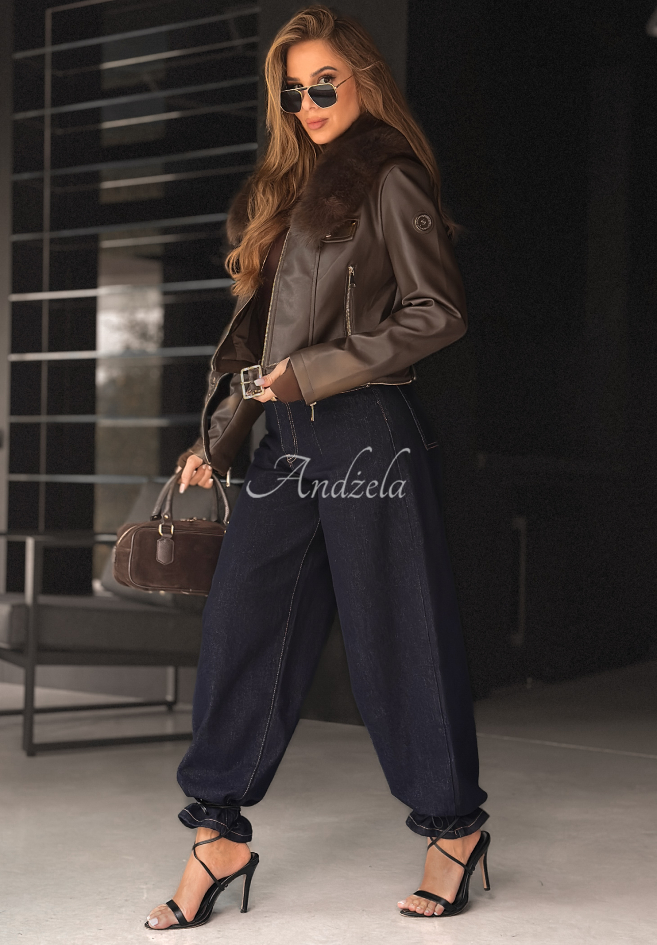 Kožená motorkárska bunda s kožušinovým Still Unread čokoládová