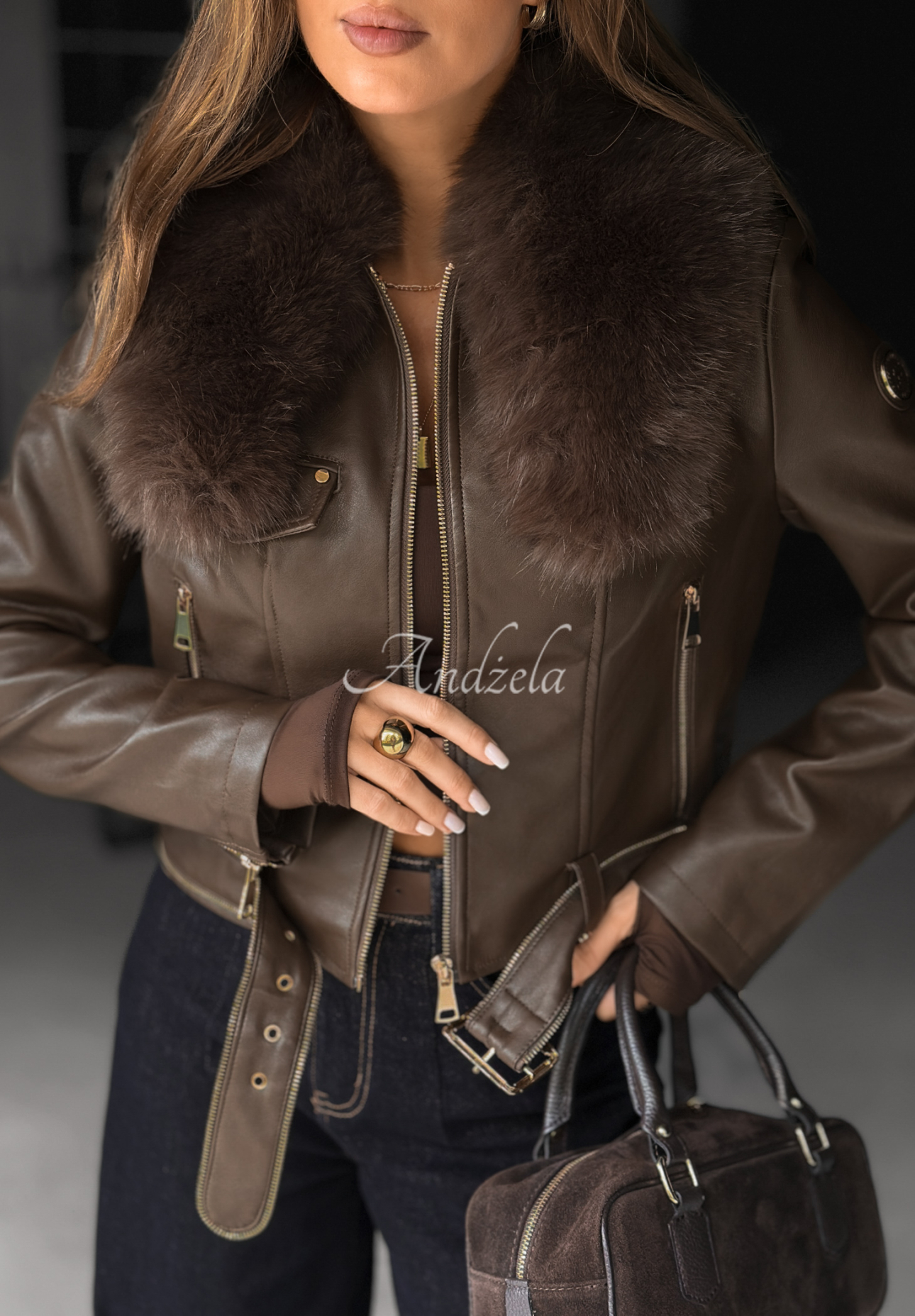 Kožená motorkárska bunda s kožušinovým Still Unread čokoládová