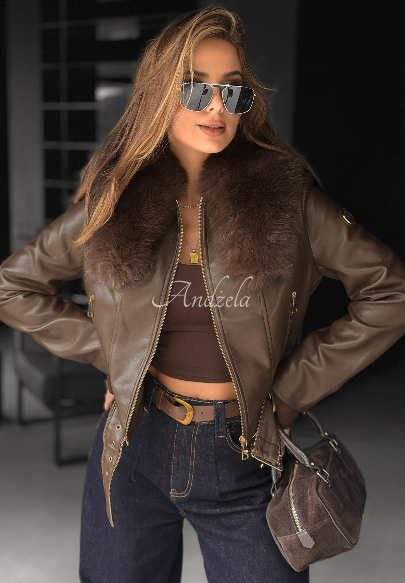 Kožená motorkárska bunda s kožušinovým Still Unread čokoládová