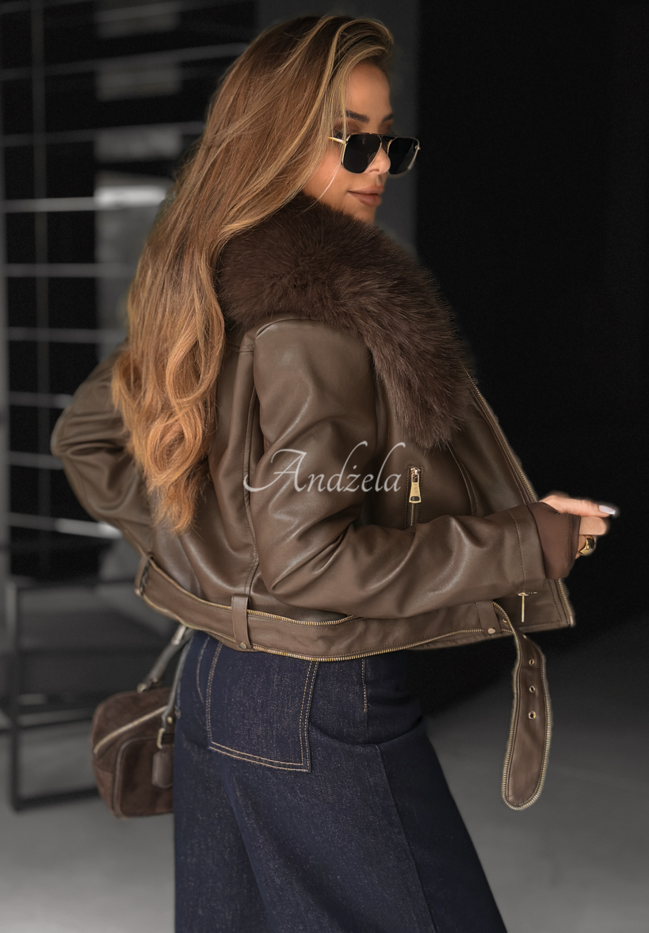 Kožená motorkárska bunda s kožušinovým Still Unread čokoládová