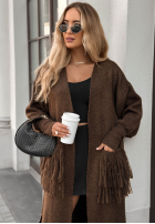 Dlhý kardigan z frędzlami Find Her Glow čokoládový