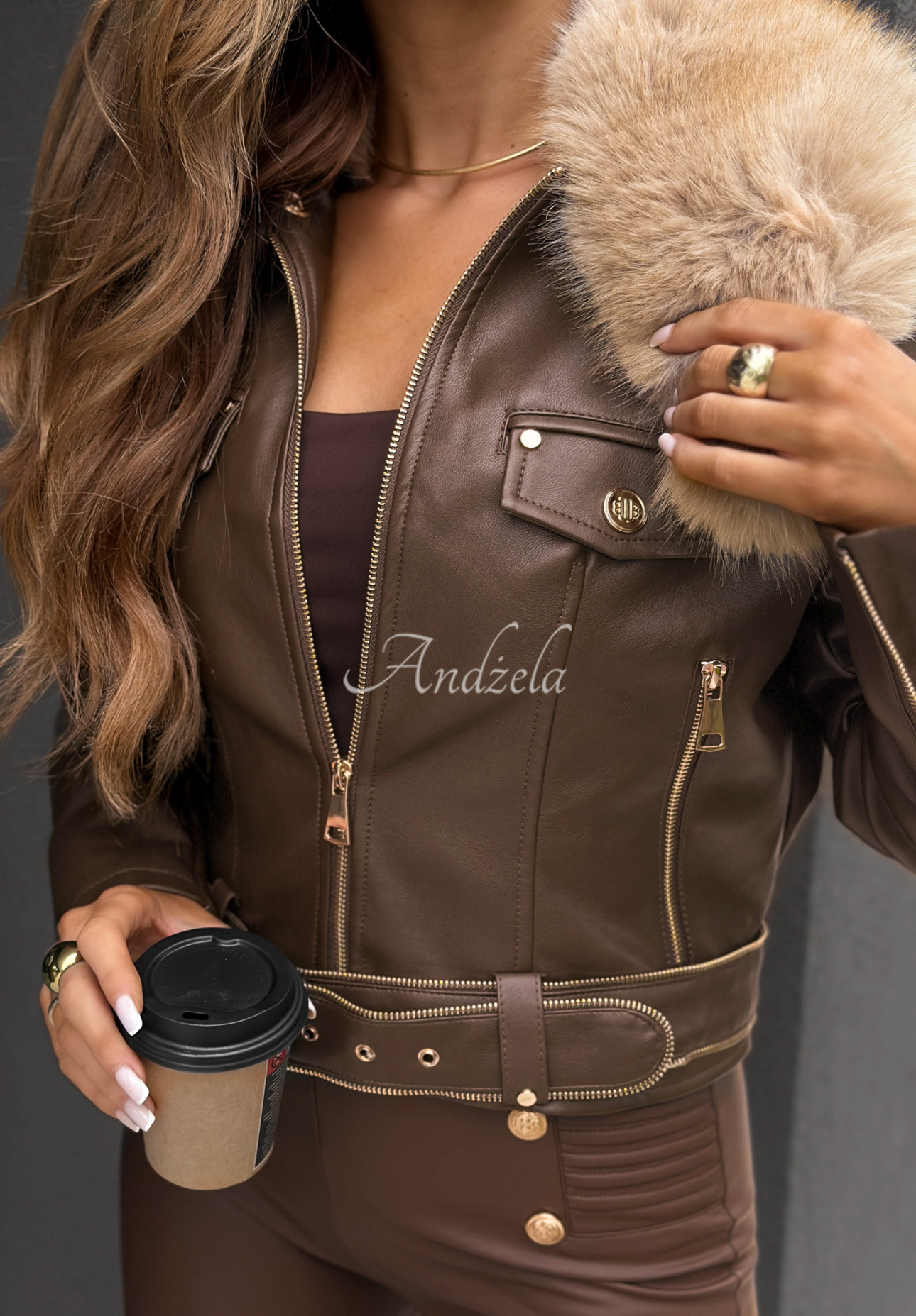 Kožená motorkárska bunda s kožušinovým Still Unread čokoládovo-béžová