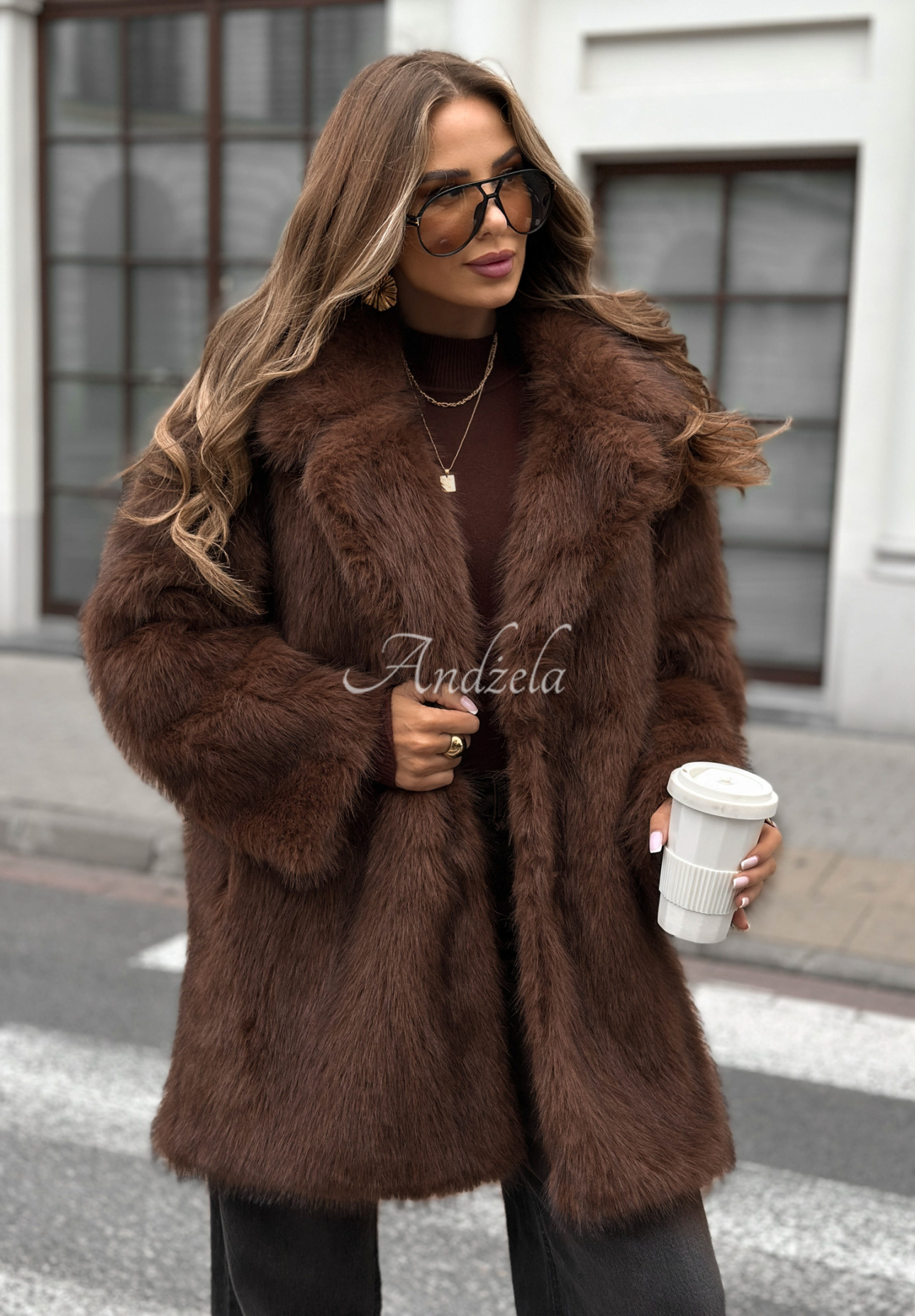 Kabát kožúšok s golierom Chestnut Hill čokoládový