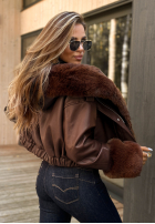 Krátka kožená bunda s kožuchom Feeling October čokoládová
