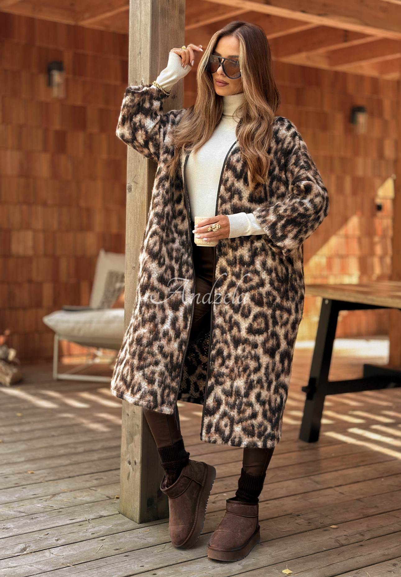 Dlhý vlnený kardigan s leopardím vzorom Sultry Fave béžový