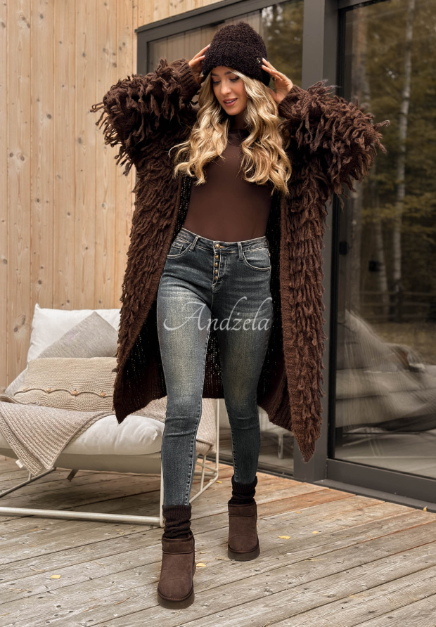 Dlhý kardigán so strapcami Fringe čokoládový