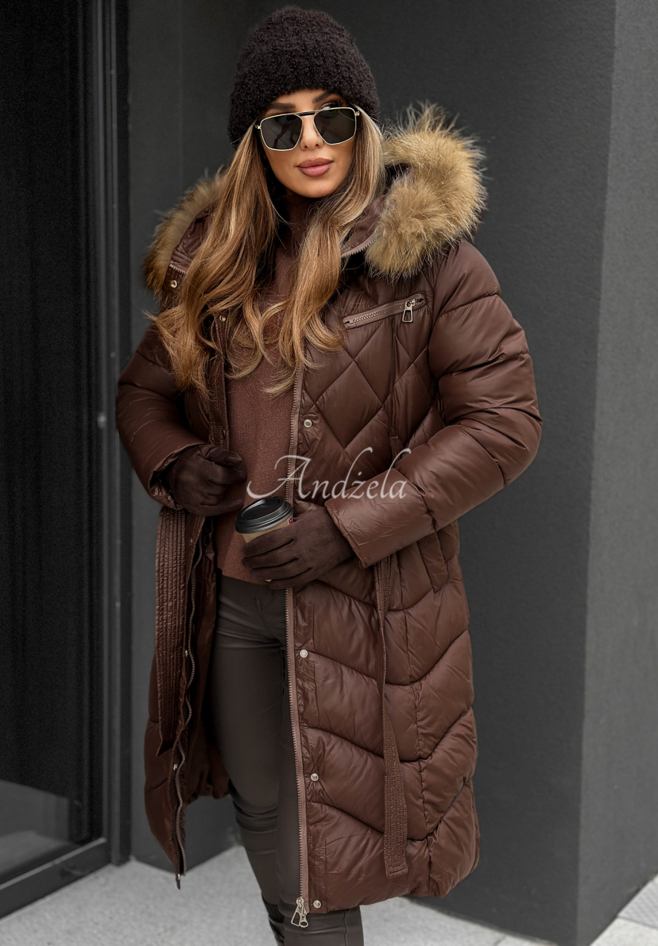 Dlhá prešívaná bunda s kožušinkou Hello Cold Days čokoládová II