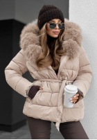 Prešívaná bunda s kožušinou a opaskom Coldest Moments béžová