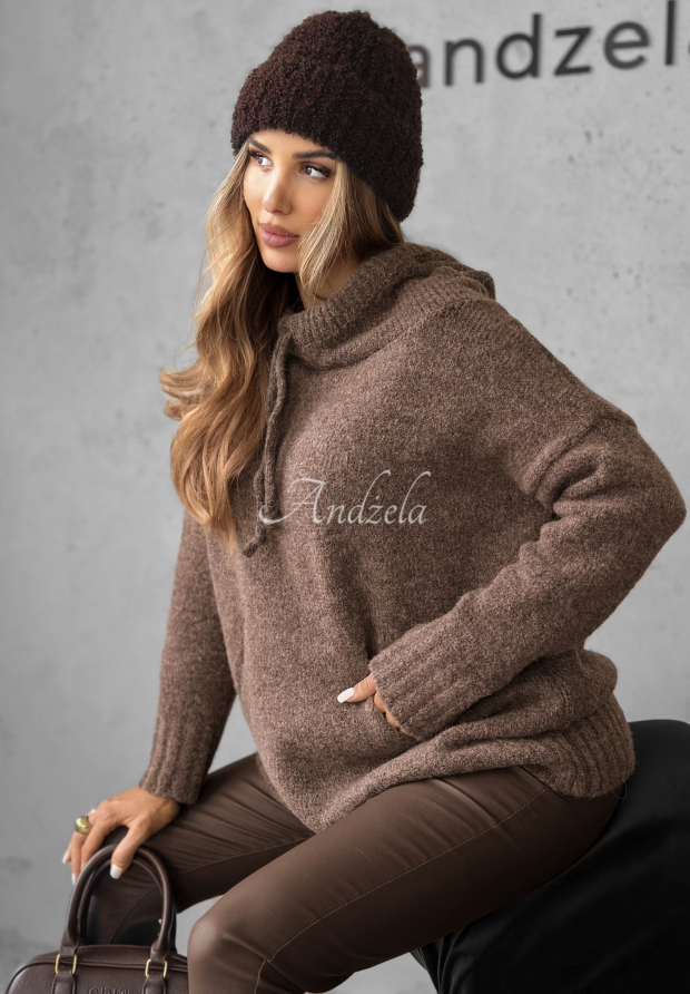 Sveter oversize s kapucňou Carra čokol&aacute;dov&yacute;