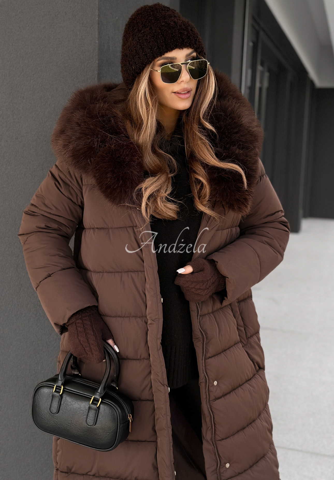 Dlhá prešívaná bunda s kožušinou For Cold Weather čokoládová