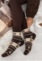Dlhé skarpetki z nadrukiem Winter Steps czekoladowo-béžové