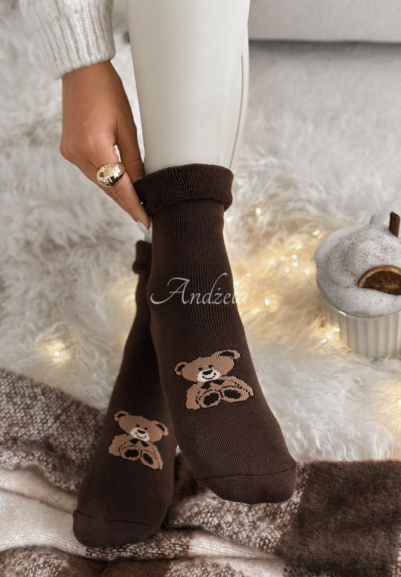 Dlhé ponožky s potlačou Teddy Vibes čokoládové