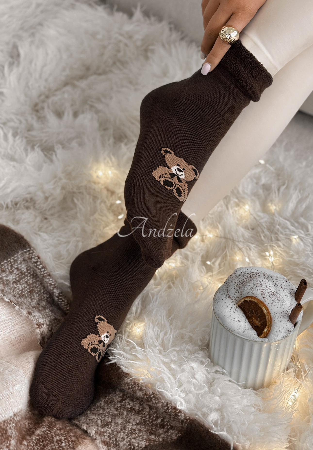 Dlhé ponožky s potlačou Teddy Vibes čokoládové