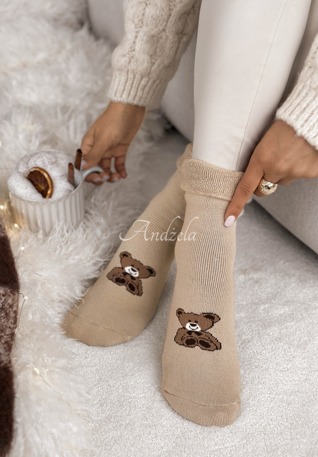 Dlhé ponožky s potlačou Teddy Vibes béžové
