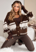 Krótki kardigan oversize z frędzlami Hot Cocoa Time čokoládový