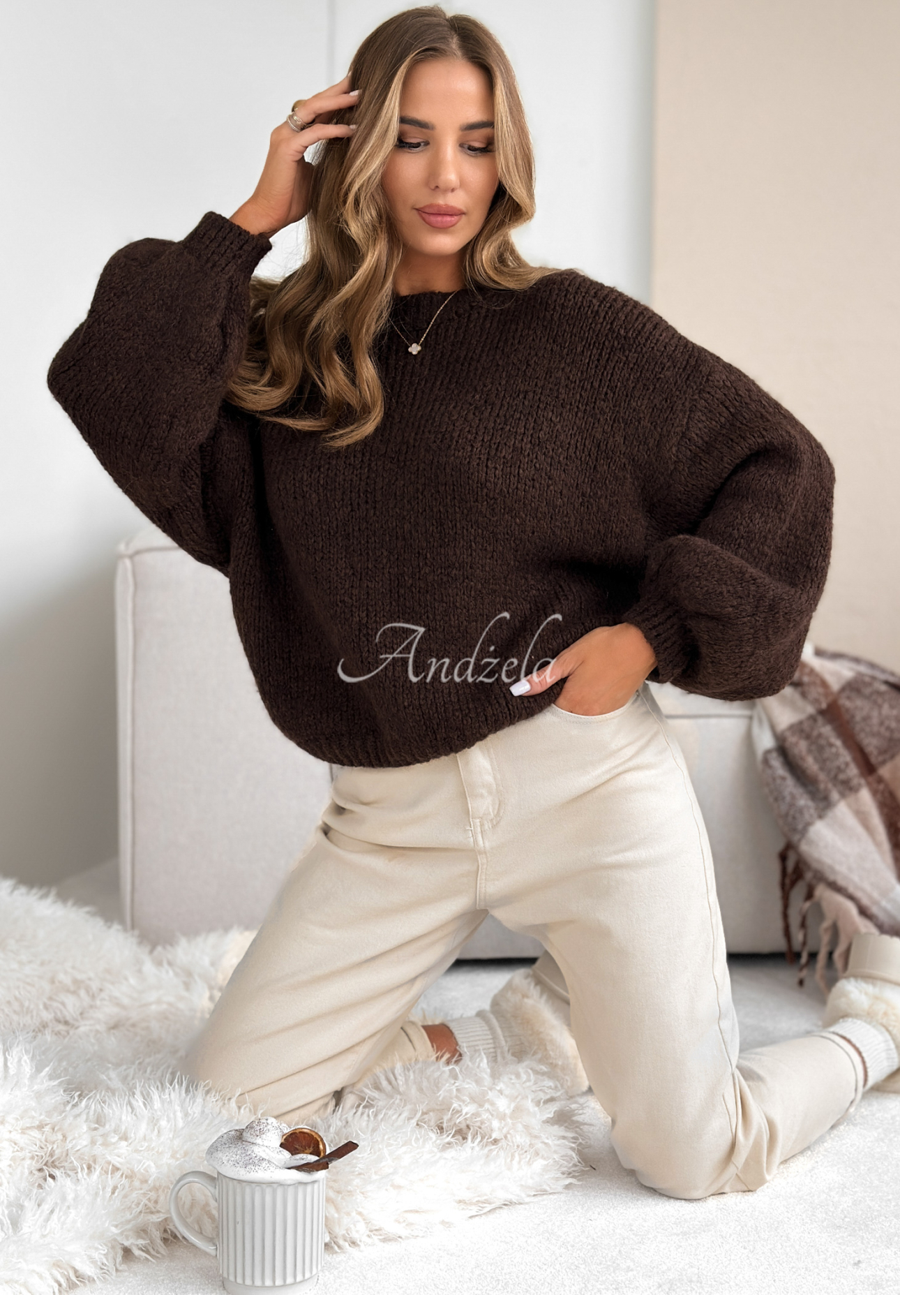 Sveter oversize s vlnou Pink Mountain čokoládový