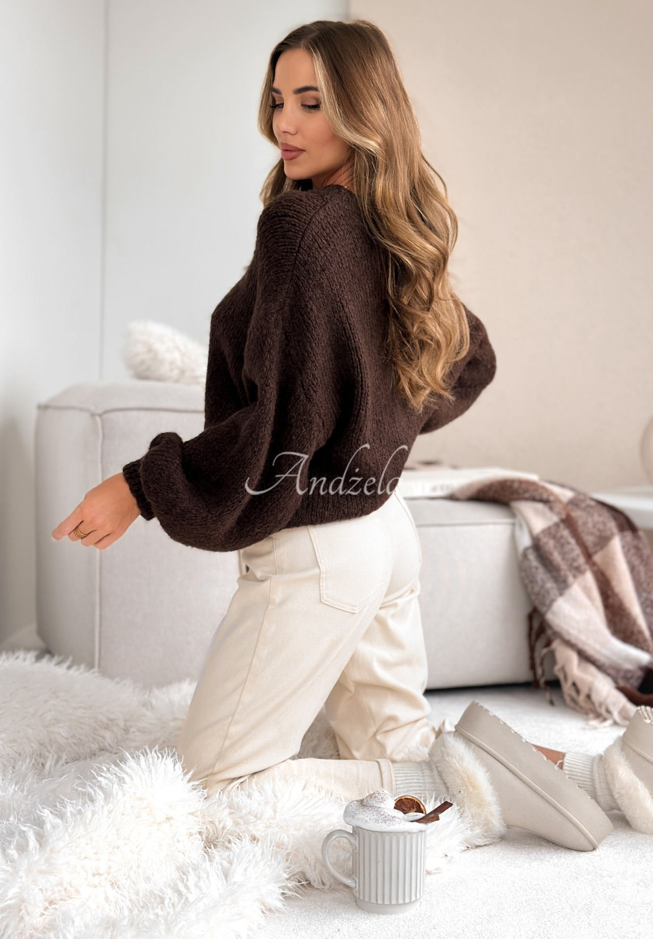 Sveter oversize s vlnou Pink Mountain čokoládový