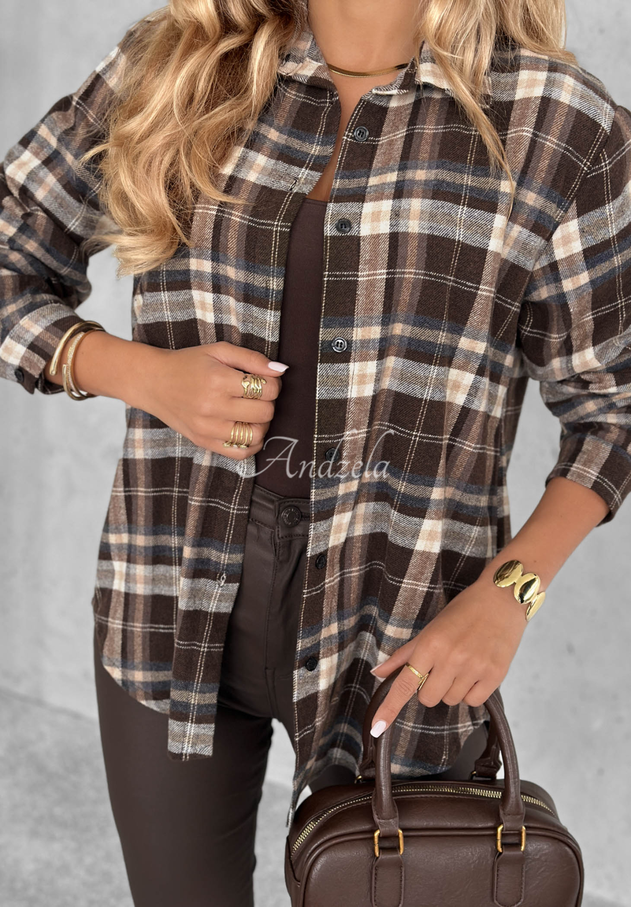 Károvaná košeľa Can You Feel čokoládovo-béžová