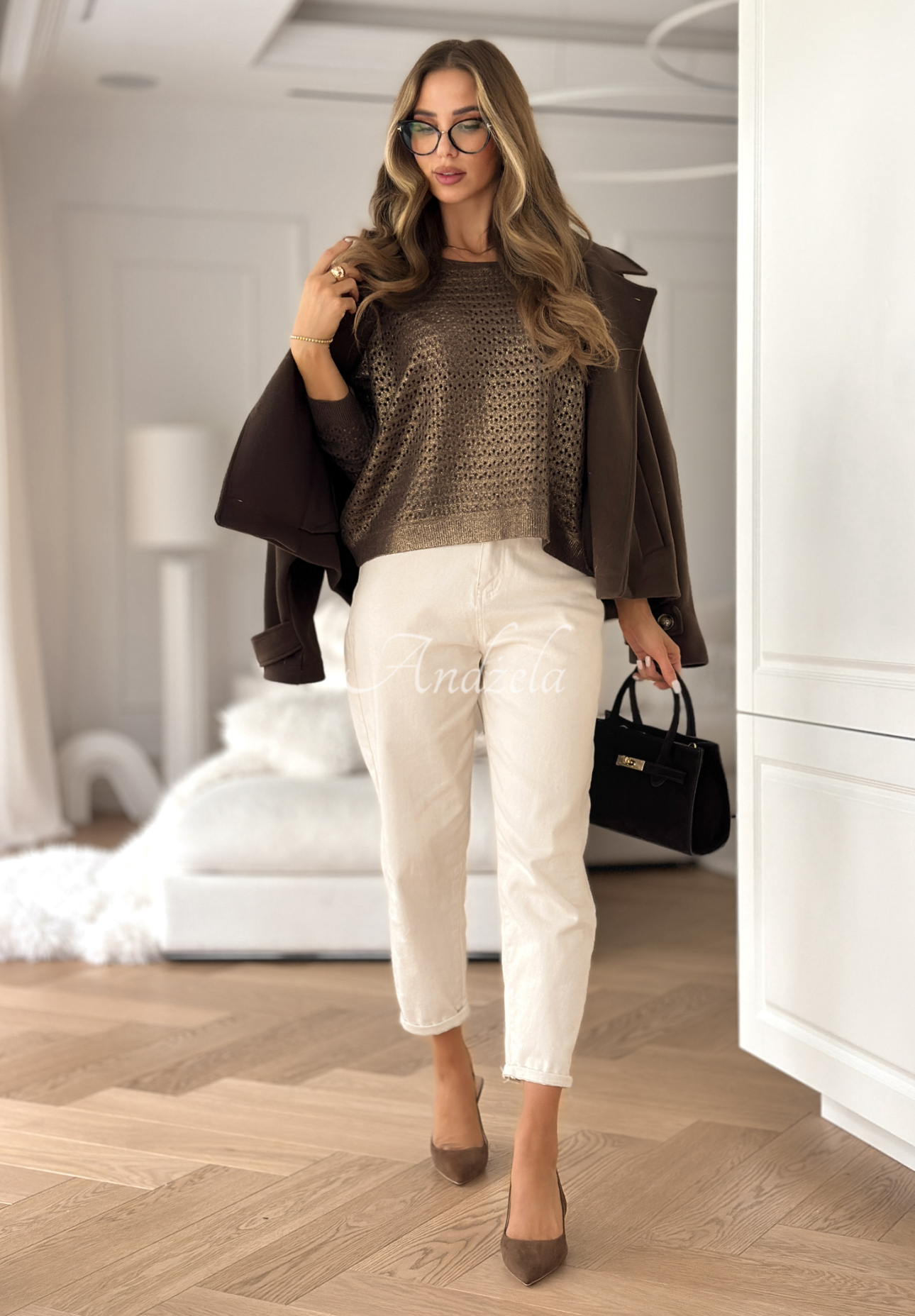 Viskózový ažúrový sveter s potlačou Rainy Plans čokoládový