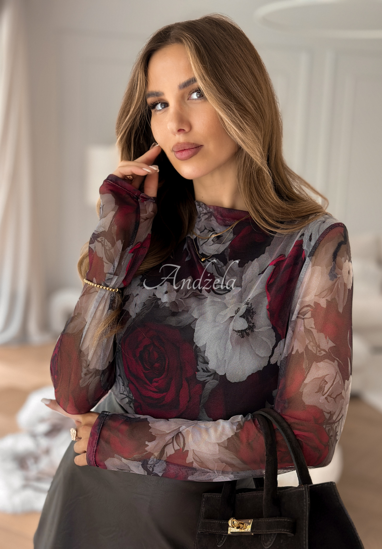 Viskózová blúzka so sieťoviny s kvetmi Magnolia Park béžovo-bordová