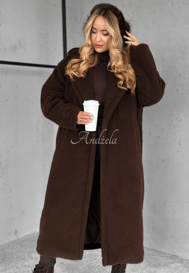 Dlh&yacute; Kab&aacute;t z imit&aacute;cie kožucha Arctic čokol&aacute;dov&yacute;