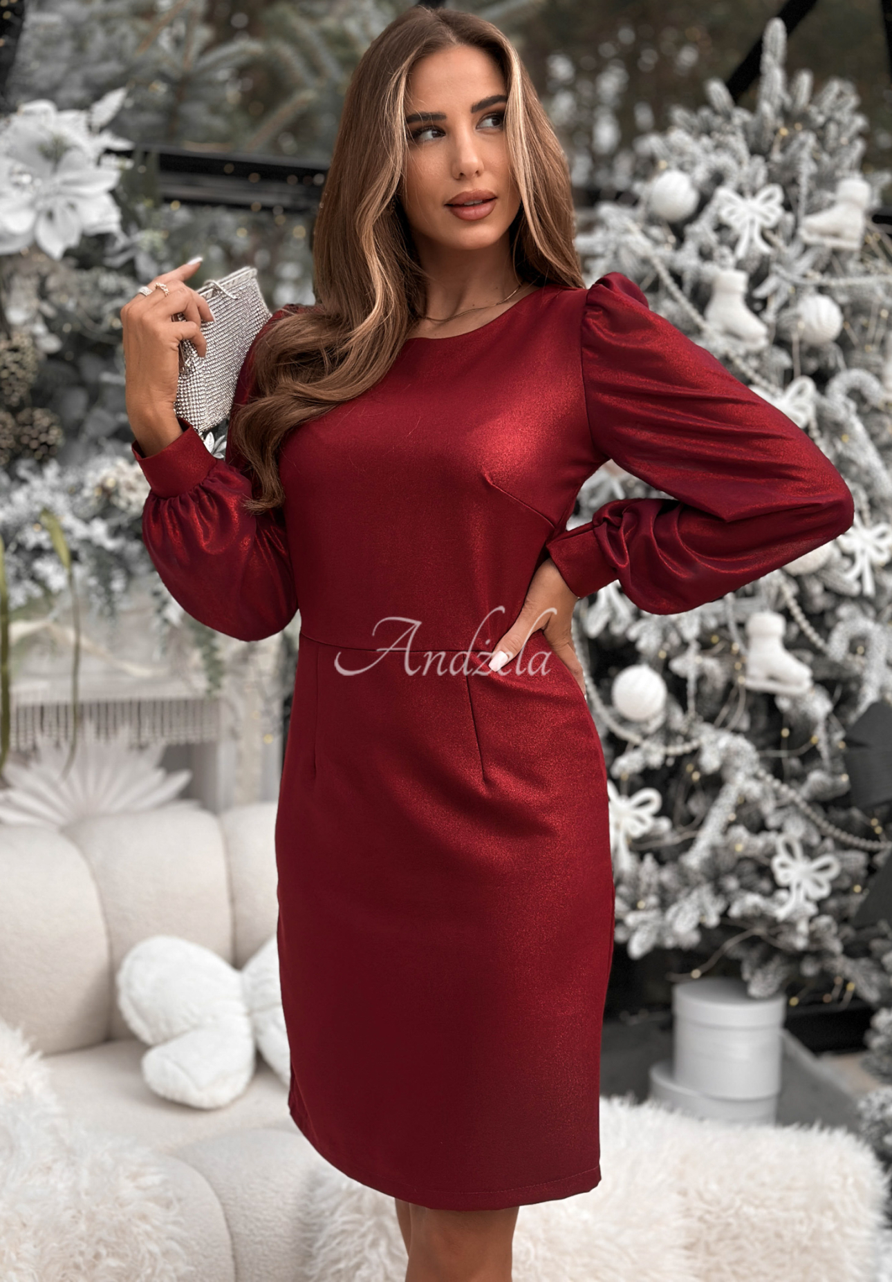 Lesklé šaty s naberanými rukávmi Just Saying bordová