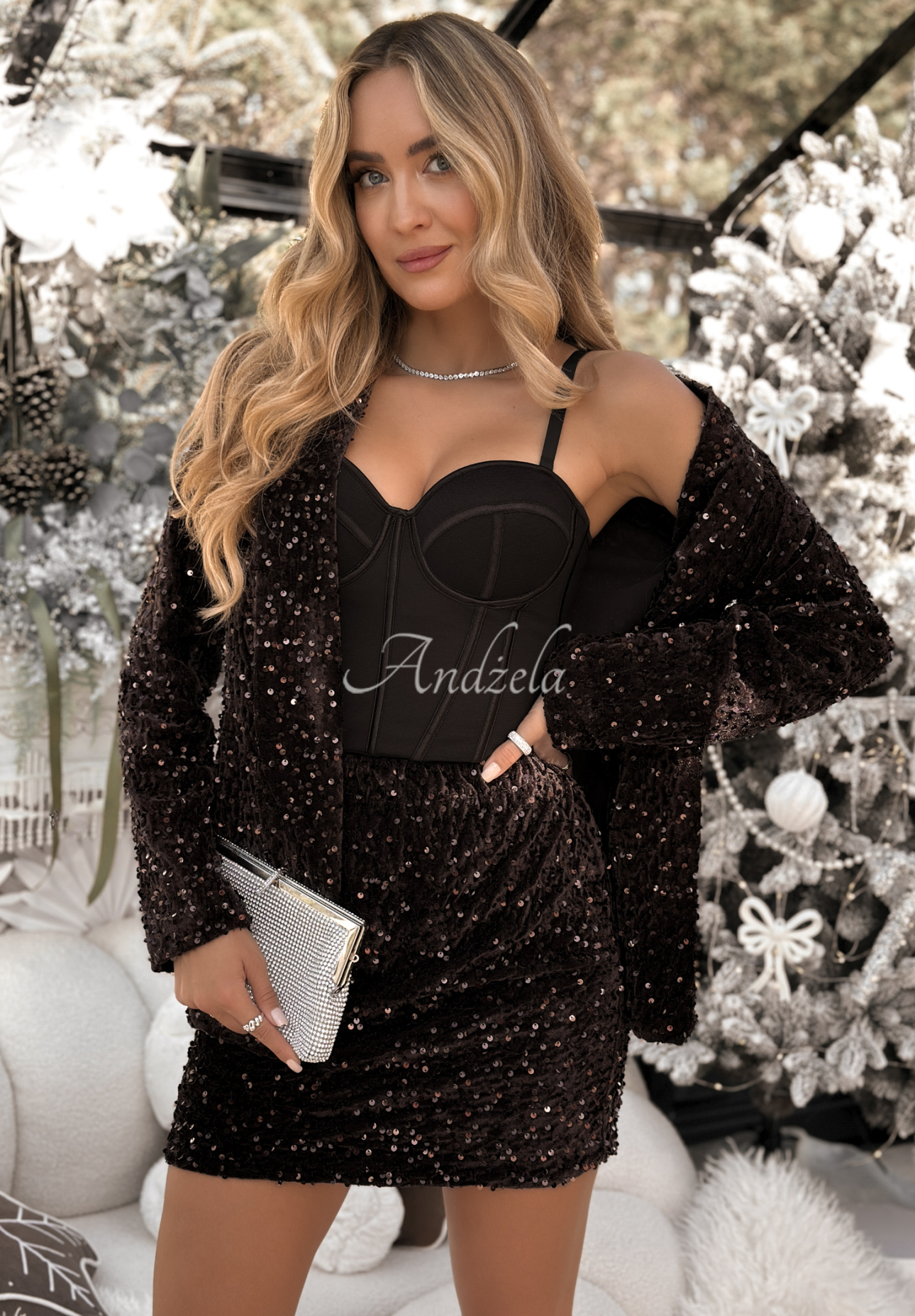 Flitrovaná sukňa mini Christmas Wrapping čokoládová