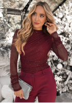 Siateczkowa Blúzka z marszczeniem i dżetami Lights On Me bordová