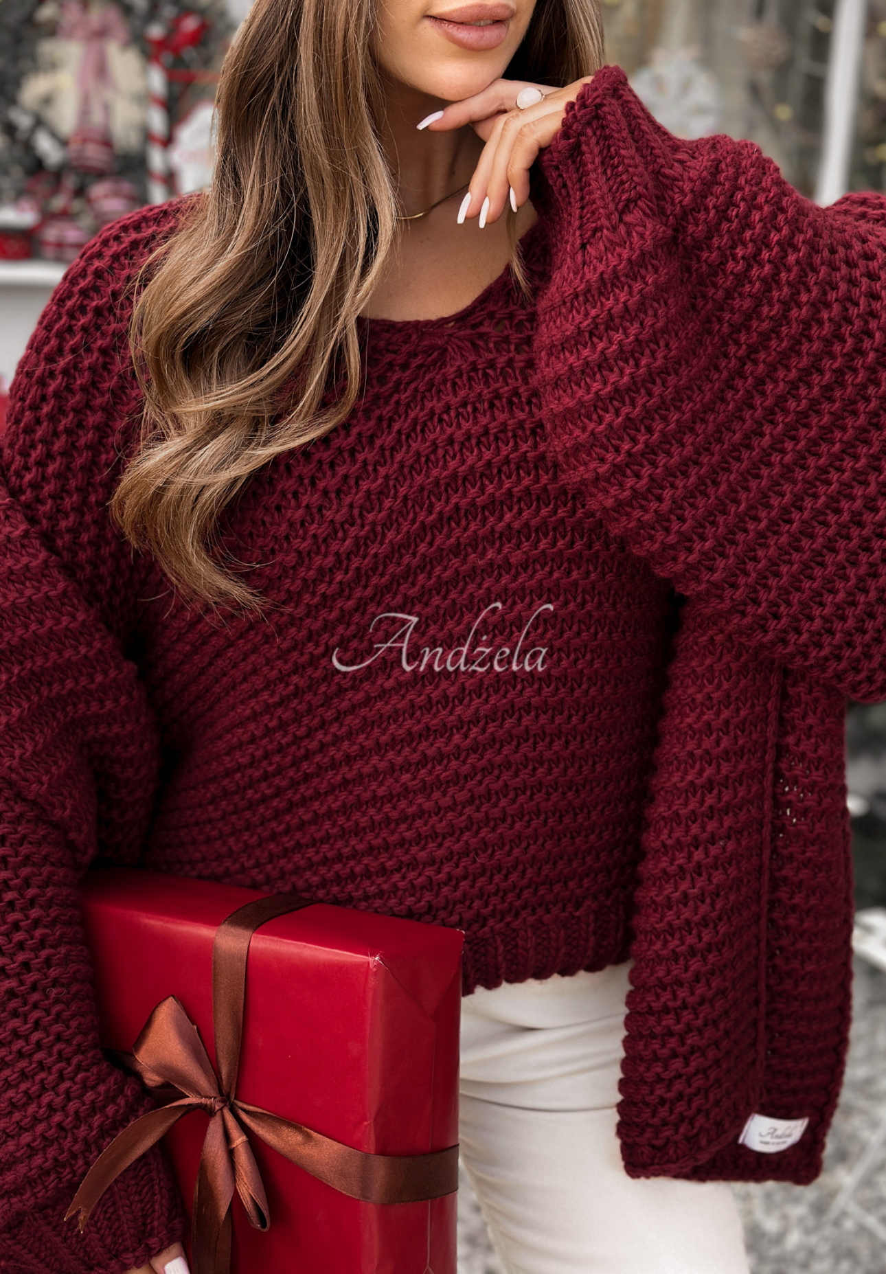 Pletený sveter s vlnou Winter Is Calling bordová