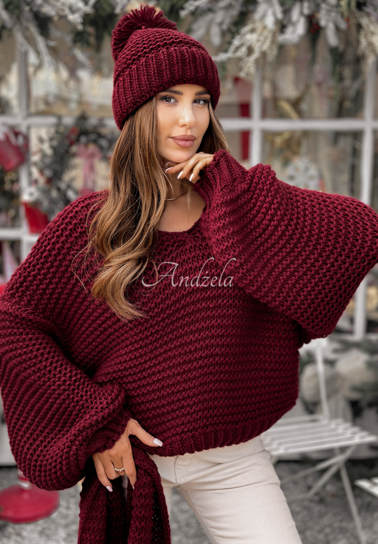 Pletený sveter s vlnou Winter Is Calling bordová