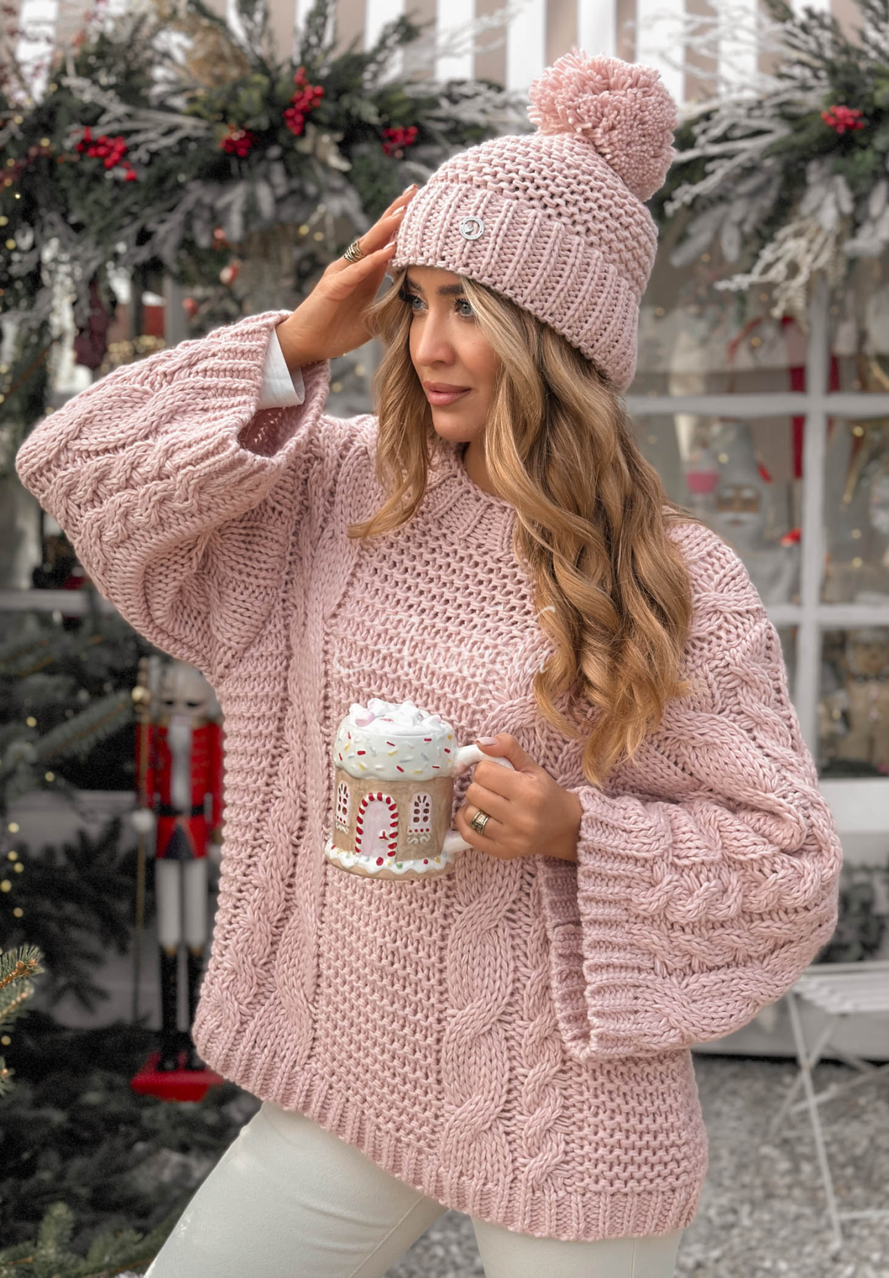 Pletený sveter oversize s vlnou Days Are Short púdrovo ružová