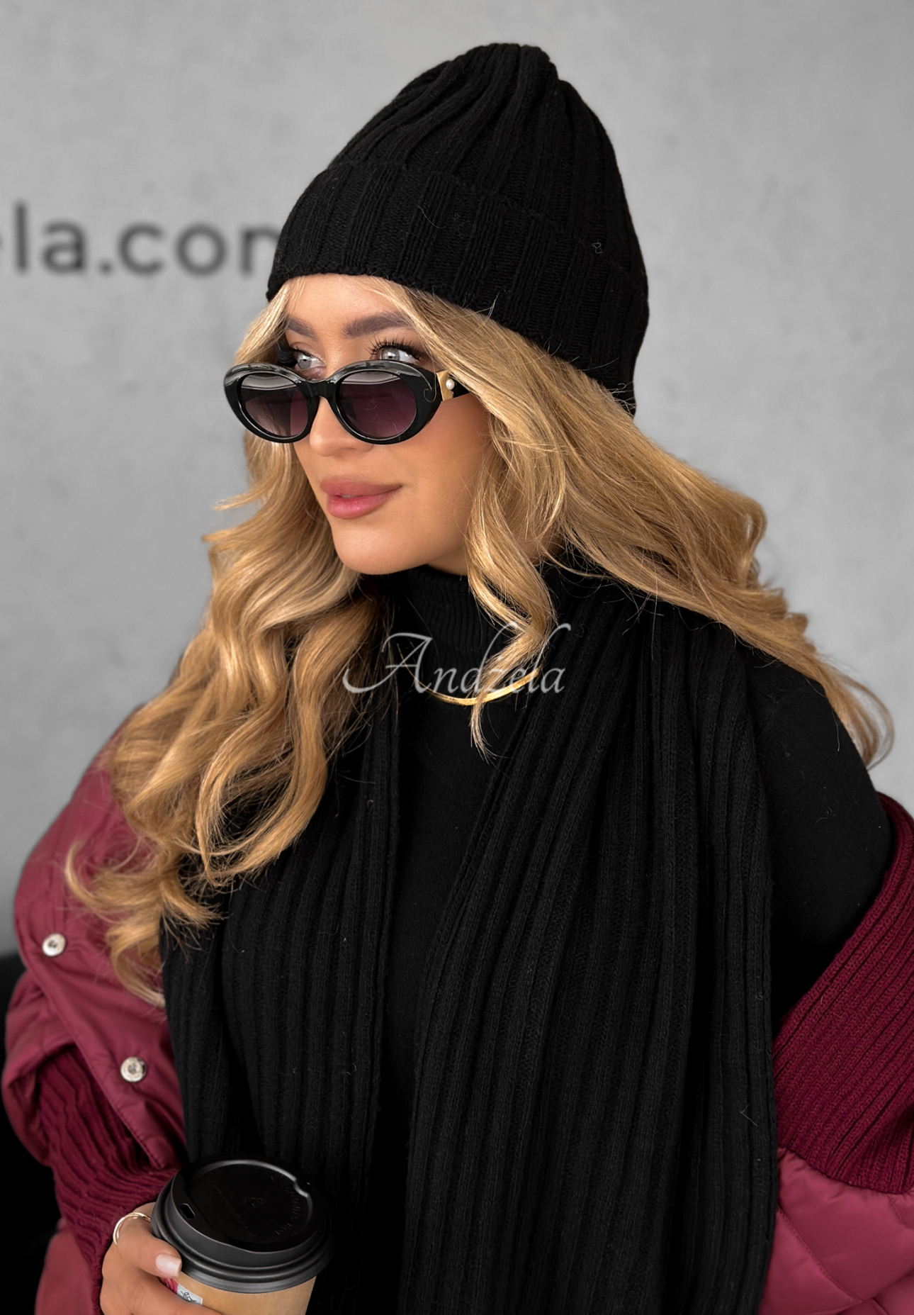 Rebrovaná súprava čiapka a šál s vlnou a kašmírom Snow Dates čierne