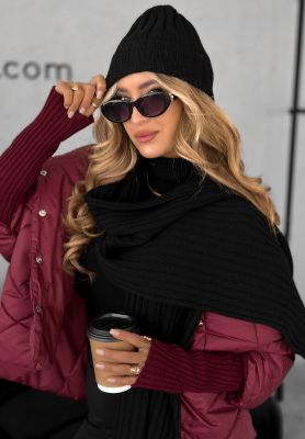 Rebrovaná súprava čiapka a šál s vlnou a kašmírom Snow Dates čierne