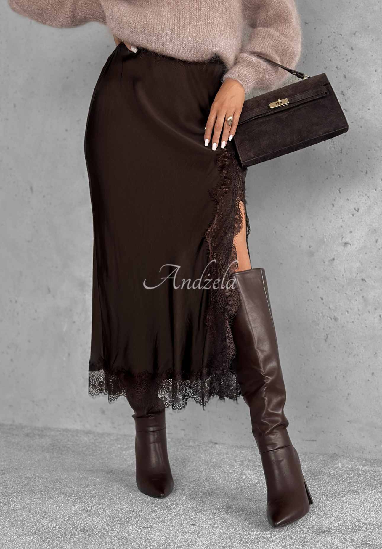 Viskózová saténová midi sukňa s čipkou Hot Topic čokoládová