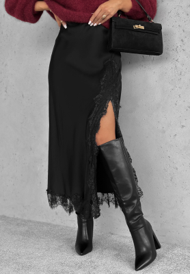 Viskózová saténová midi sukňa s čipkou Hot Topic čierna