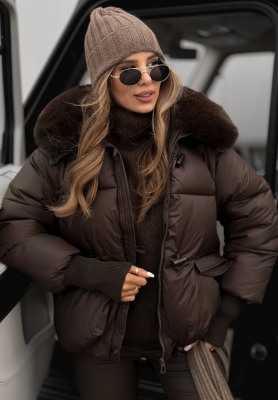 Prešívaná bunda s kapucňou a kožušinou Little Snowman čokoládová